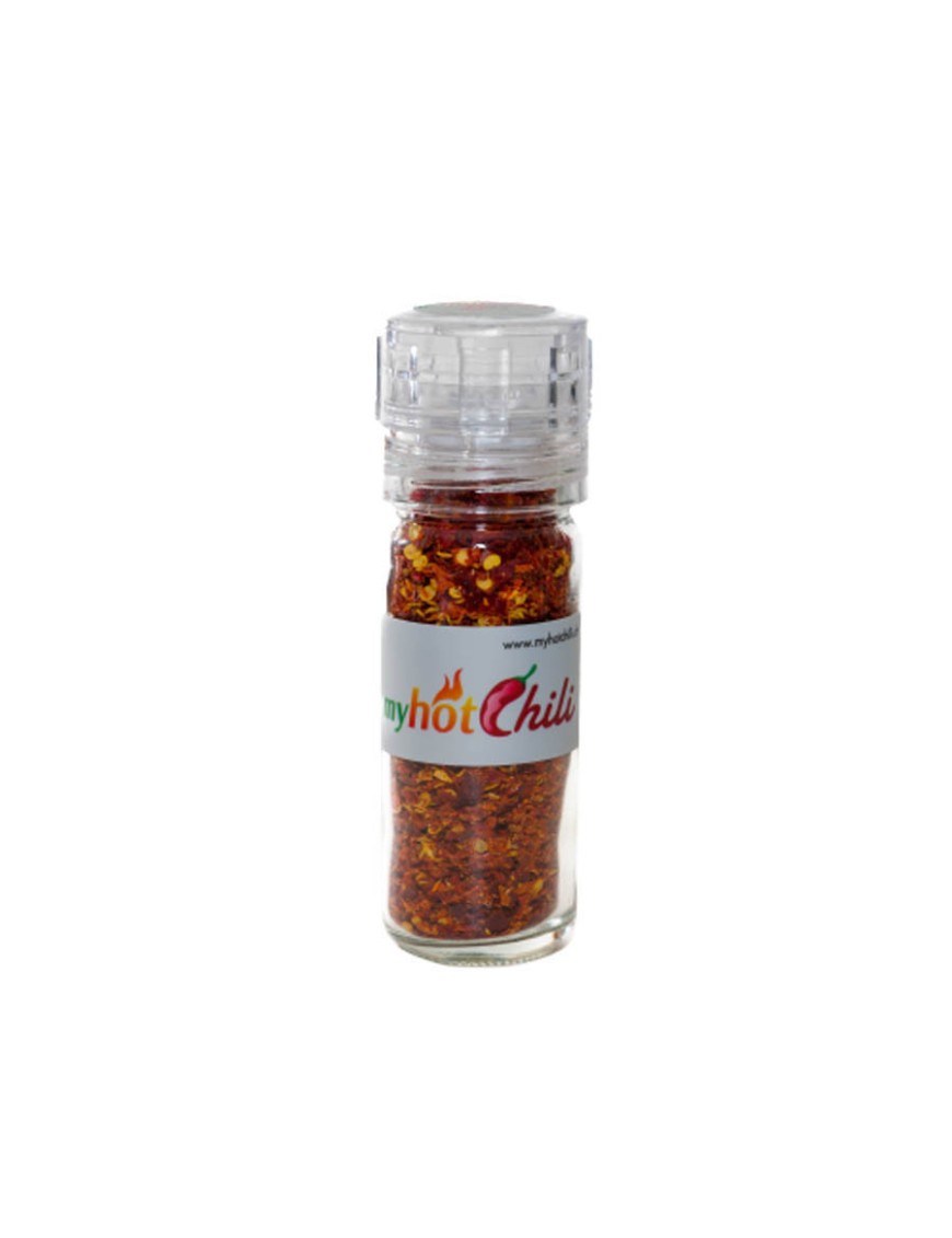 Macinapepe con scaglie di peperoncino biologico, disponibile piccante o molto piccante. Prova ora.