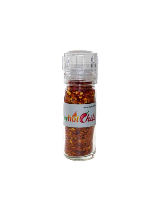 Macinapepe con scaglie di peperoncino biologico, disponibile piccante o molto piccante. Prova ora.